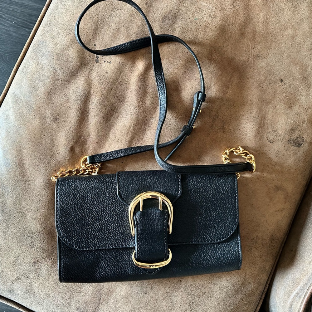 Ralph Lauren black pebble leather with gold hardware.
